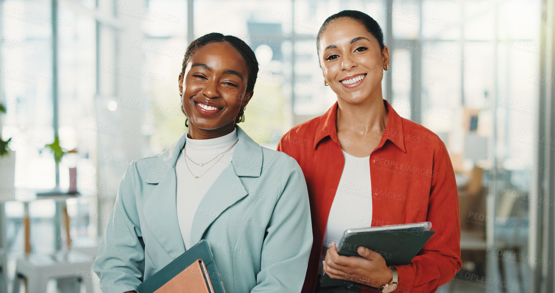 Buy stock photo Portrait, creative and women with tech, office or happy for story opportunity, journalists and team. Confident, reporters and people with smile for career growth, media and collaboration in newsroom