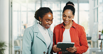 Buy stock photo Media agency, tablet and women with smile, internet and conversation with review for article. People, teamwork and journalists with discussion, planning and feedback for submission, email or schedule