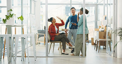 Buy stock photo Creative, business people and high five in office for success, goal achievement and target. Happy team, startup and celebration with employees for milestone, support or reward with tablet in company