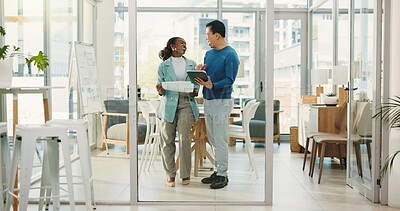 Buy stock photo Woman, man and tablet at startup, excited and documents for review, results or team at media company. People, partnership and tech with web traffic increase, deal or happy in office at digital agency