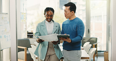 Buy stock photo Media agency, tablet and people in office, documents and conversation with feedback for article. Schedule, employees or journalists with discussion, smile or review for submission or magazine editing