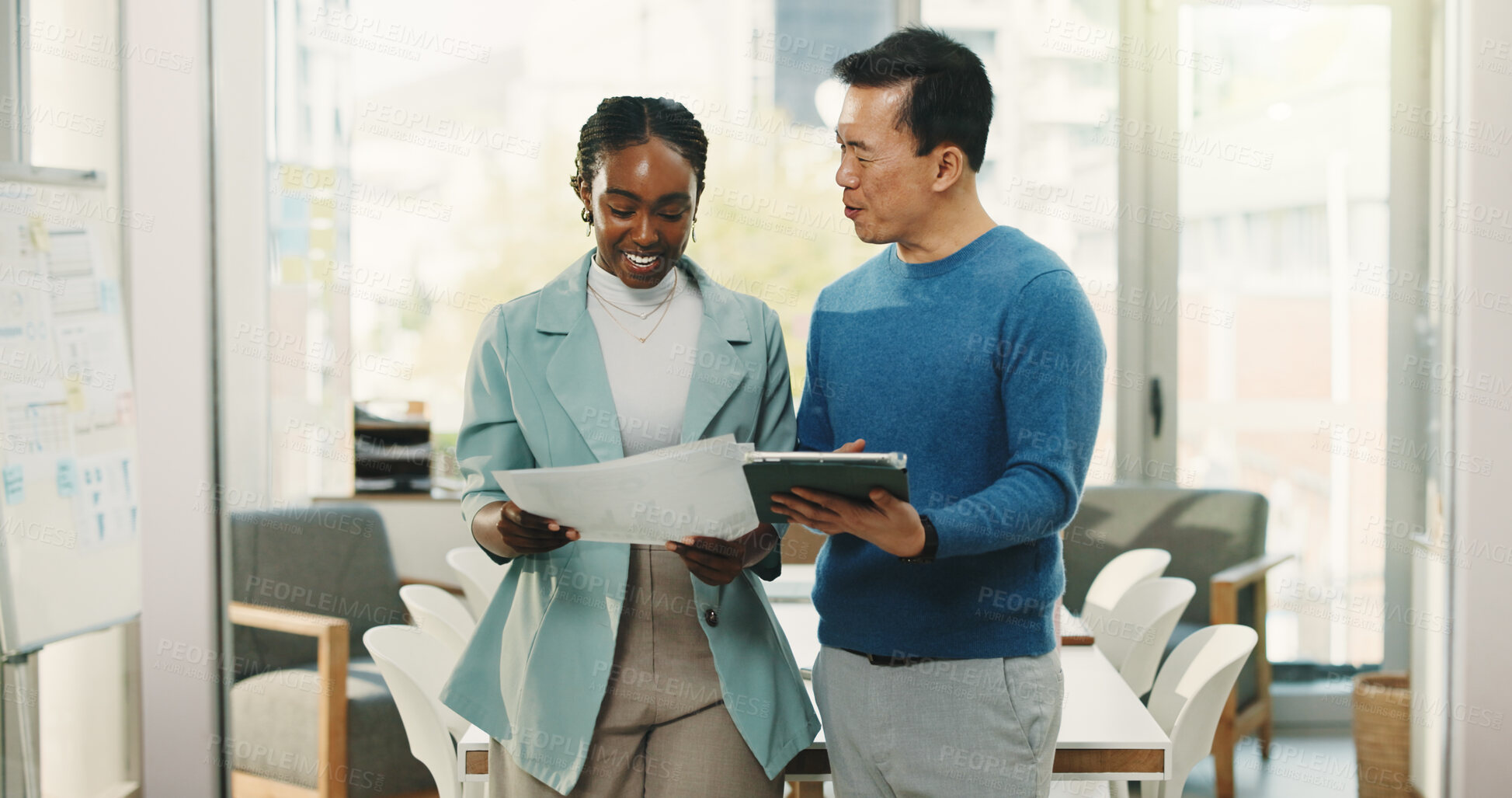 Buy stock photo Media agency, tablet and people in office, documents and conversation with feedback for article. Schedule, employees or journalists with discussion, smile or review for submission or magazine editing