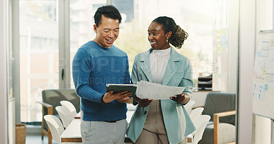 Buy stock photo Media agency, tablet and people with documents, teamwork and discussion with feedback for article. Magazine website, schedule and journalists with news report, smile and review for submission and app