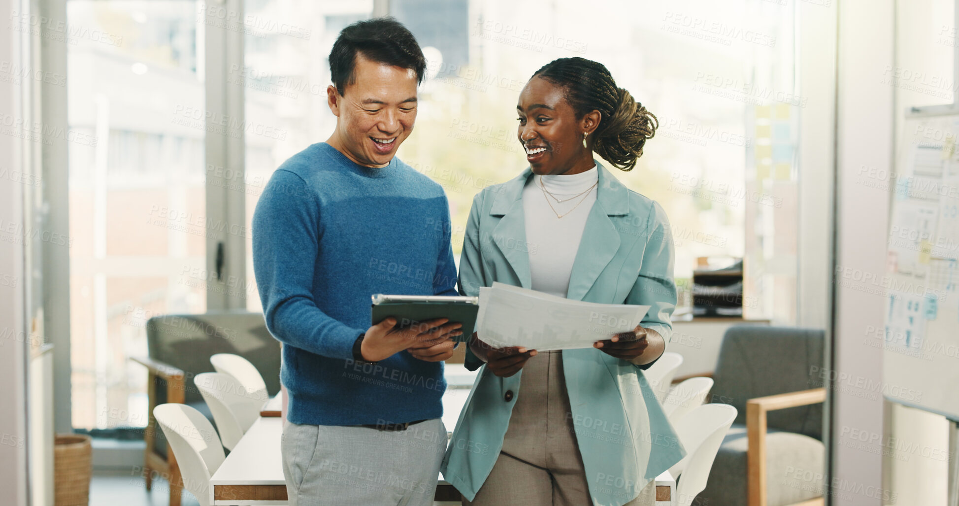 Buy stock photo Media agency, tablet and people with documents, teamwork and discussion with feedback for article. Magazine website, schedule and journalists with news report, smile and review for submission and app