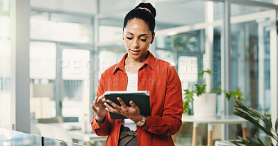 Buy stock photo Business woman, tablet and reading in office with internet, creative agency or copywriting. Person, journalist or magazine editor with proofreading, tech and feedback or research for news report