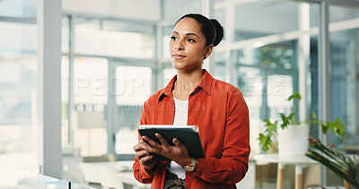 Buy stock photo Business woman, tablet and thinking in office with internet, creative agency or copywriting. Person, journalist or magazine editor with idea, tech and online vision or research for news report