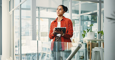 Buy stock photo Business woman, tablet and planning in office with internet, creative agency or copywriting. Person, journalist or magazine editor with idea, tech and online vision or research for news report