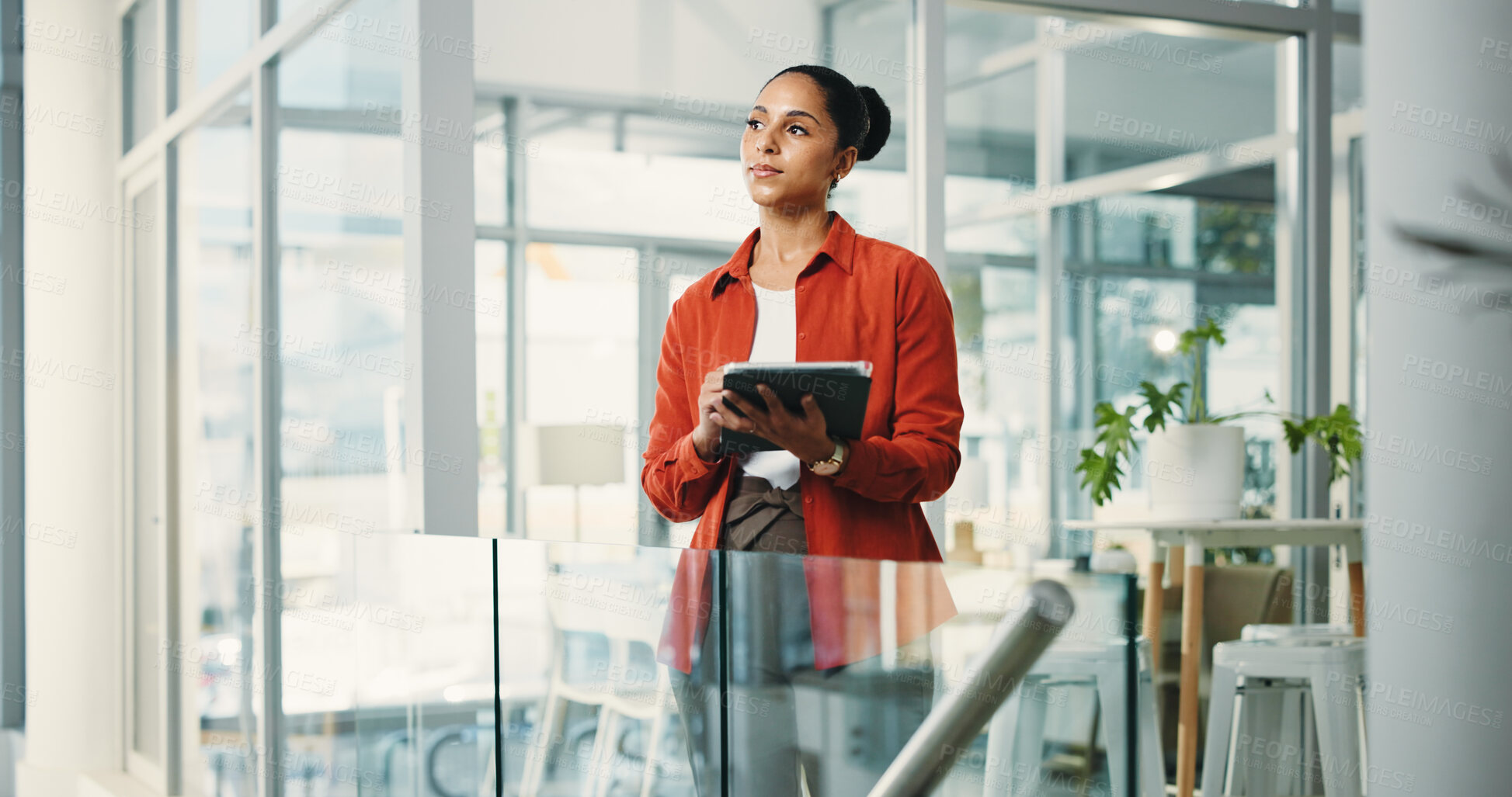 Buy stock photo Business woman, tablet and planning in office with internet, creative agency or copywriting. Person, journalist or magazine editor with idea, tech and online vision or research for news report