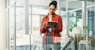 Buy stock photo Business woman, tablet and scroll in office with internet, creative agency or copywriting. Person, journalist or magazine editor with proofreading, tech and online reading or research for news report