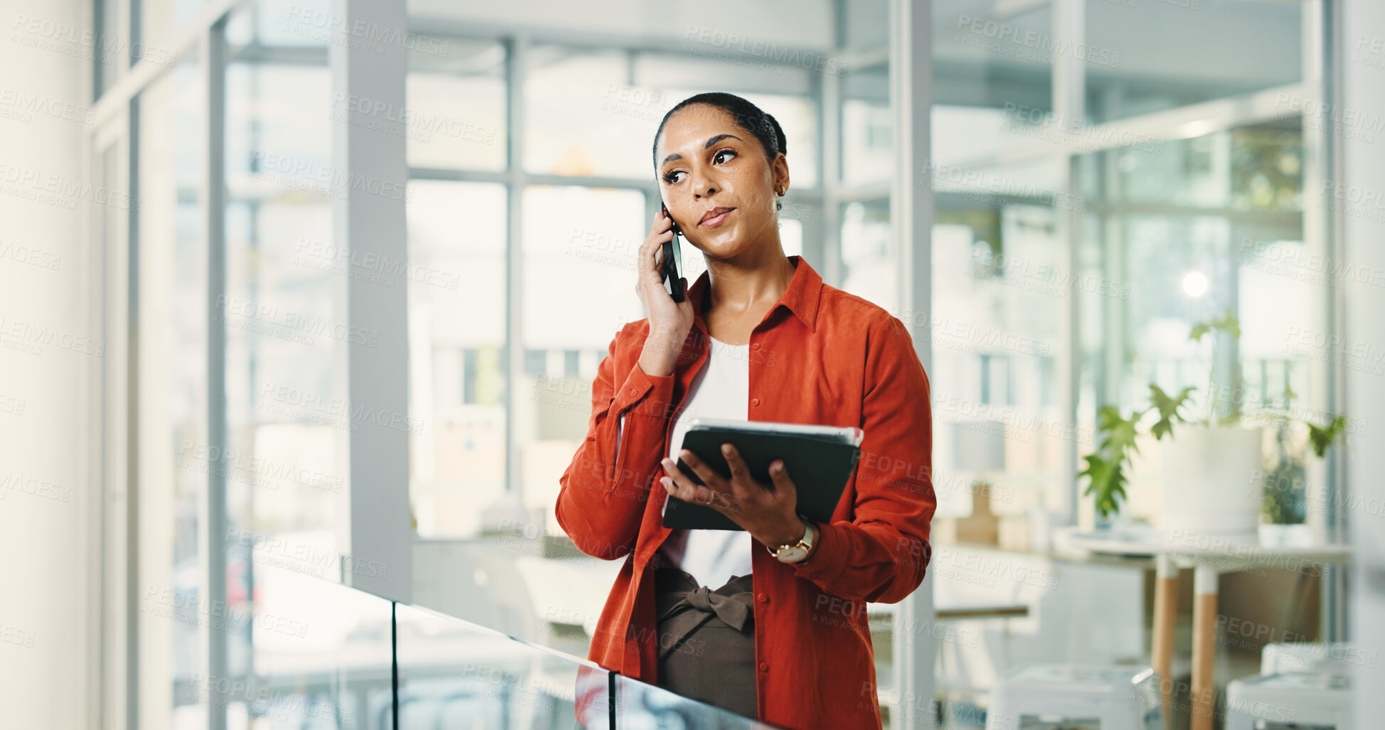 Buy stock photo Business woman, tablet and phone call in office with internet, creative agency or copywriting. Person, journalist or magazine editor with proofreading, tech and feedback or research for news report
