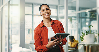 Buy stock photo Portrait, creative and woman with tablet in office, journalist and internship for career development. Trainee, reporter and African person with experience opportunity, media and confident in newsroom