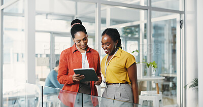 Buy stock photo Media agency, tablet and women with smile, planning or discussion with magazine website. People, internet or journalists with schedule, email or review for submission, brainstorming or online reading