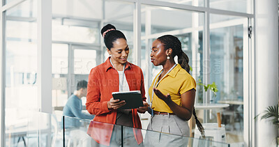 Buy stock photo Media agency, tablet and women in office, feedback and conversation with review for article. People, connection or journalists with app, email and submission with planning, communication and schedule