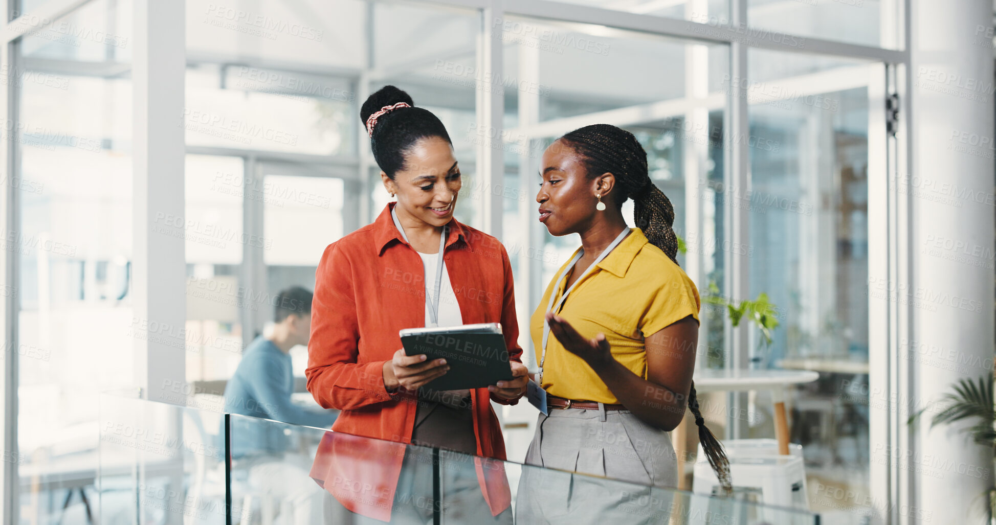 Buy stock photo Media agency, tablet and women in office, feedback and conversation with review for article. People, connection or journalists with app, email and submission with planning, communication and schedule