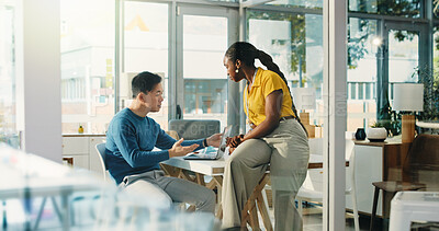 Buy stock photo Woman, man and laptop at startup for review, charts and documents with team at media company. People, partnership and computer with web traffic stats, insight or planning in office at digital agency