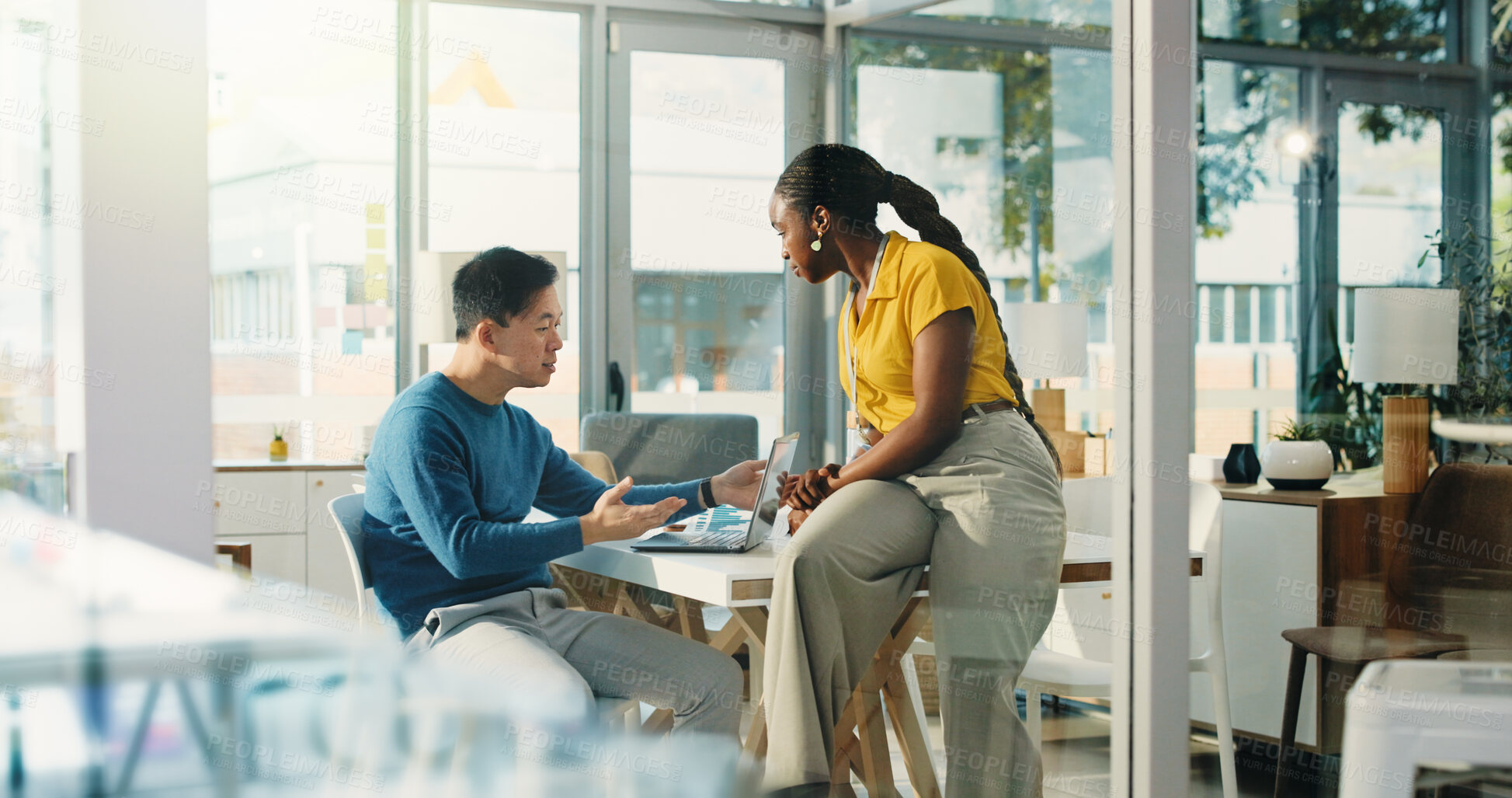 Buy stock photo Woman, man and laptop at startup for review, charts and documents with team at media company. People, partnership and computer with web traffic stats, insight or planning in office at digital agency
