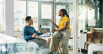 Buy stock photo Woman, man and excited at startup for celebration, laptop or success with team at media company. People, achievement and happy with web traffic increase, insight or stats with goals at digital agency