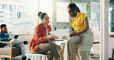 Buy stock photo Woman, team and documents at startup, planning and listen for review, results or talk at media company. People, paperwork and smile with report, insight or collaboration in office at creative agency