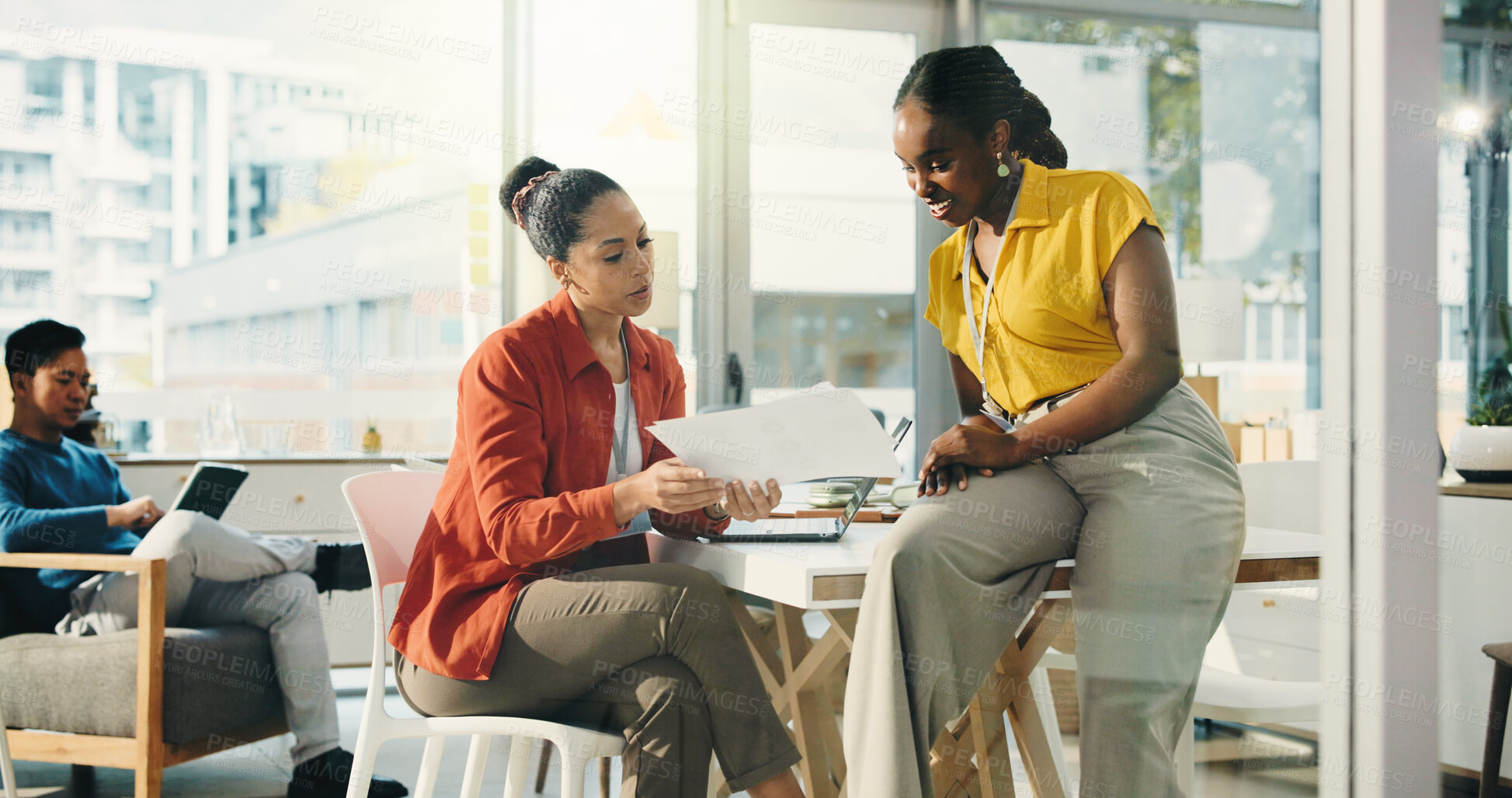 Buy stock photo Woman, team and documents at startup, planning and listen for review, results or talk at media company. People, paperwork and smile with report, insight or collaboration in office at creative agency