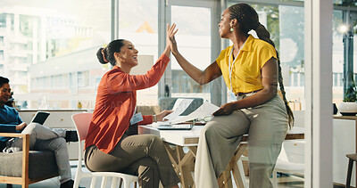 Buy stock photo Paperwork, business women and high five for goal achievement, success and target in office. Happy team, startup and celebration for milestone, support or good news with document in creative company