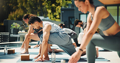 Buy stock photo Yoga class, stretching and people outdoor with fitness for recovery exercise, mobility and wellness. Group, aerobics training and lunge in health club for balance, flexibility and holistic retreat.