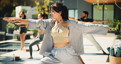 Buy stock photo Fitness, yoga class or people in resort with stretching, motivation or performance in body wellness. Pilates, warrior or coach outdoor with mobility, muscle or joint improvement in group practice.