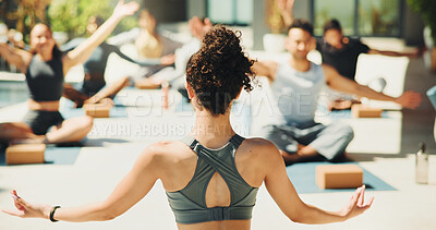 Buy stock photo Back, meditation and yoga instructor outdoor for teaching class, demonstration or lesson to students. Fitness, wellness or zen and personal trainer in session with people for balance or inner peace