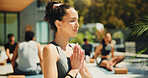 Yoga, woman outdoor and prayer hands for meditation, spiritual awareness and chakra healing. Zen, female person and yogi in wellness retreat with mudra for inner peace, mindfulness and namaste pose.
