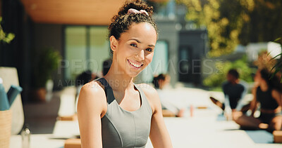 Buy stock photo Portrait, wellness and yoga instructor outdoor for teaching class, demonstration or lesson to students. Fitness, smile or zen and personal trainer in session with people for balance or inner peace