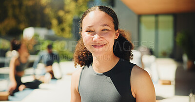 Buy stock photo Happy, portrait and yoga instructor outdoor for teaching class, demonstration or lesson to students. Smile, wellness or zen and fitness coach in session with people for balance or inner peace