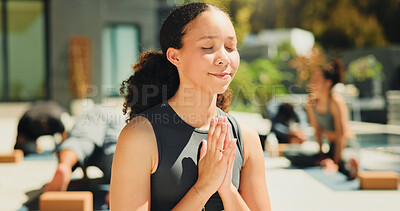 Buy stock photo Yoga, woman and prayer hands on patio for meditation, spiritual awareness and chakra healing. Zen, yogi and person outdoor in wellness retreat with mudra for inner peace, mindfulness or namaste pose.