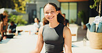Relax, smile and yoga instructor outdoor for teaching class, demonstration or lesson to students. Fitness, happy or zen and personal trainer in session with people for balance or inner peace