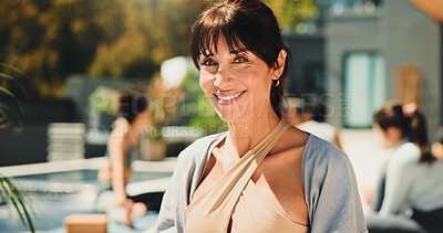 Buy stock photo Exercise, mature and yoga instructor outdoor for teaching class, demonstration or lesson to students. Smile, wellness or zen and happy fitness coach in session with people for balance or inner peace