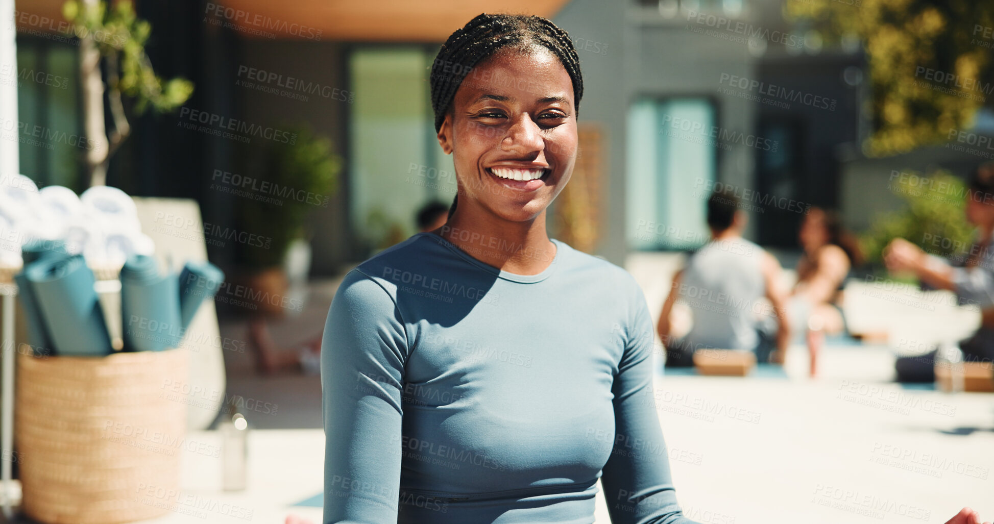 Buy stock photo Portrait, instructor and happy woman with outdoor yoga class at resort, health and body wellness practice. Join us, pilates session and trainer with smile for fitness, holistic exercise and retreat