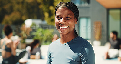 Buy stock photo Relax, happy and yoga instructor outdoor for class or lesson with students at wellness retreat. Fitness, smile or zen and personal trainer in session with people for awareness, balance or inner peace