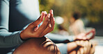 Outdoor, hands and meditation for mindfulness, lotus and spiritual for self awareness and yoga class. Zen, person and retreat for inner peace, chakra or stress relief with faith at wellness center