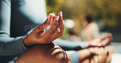 Buy stock photo Outdoor, hands and meditation for mindfulness, lotus and spiritual for self awareness and yoga class. Zen, person and retreat for inner peace, chakra or stress relief with faith at wellness center