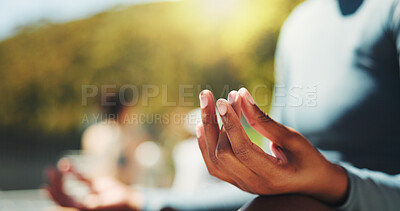 Buy stock photo Lotus, hands and meditation for mindfulness, yoga class and spiritual for self awareness and outdoor. Zen, person and retreat for inner peace, chakra or stress relief with faith at wellness center