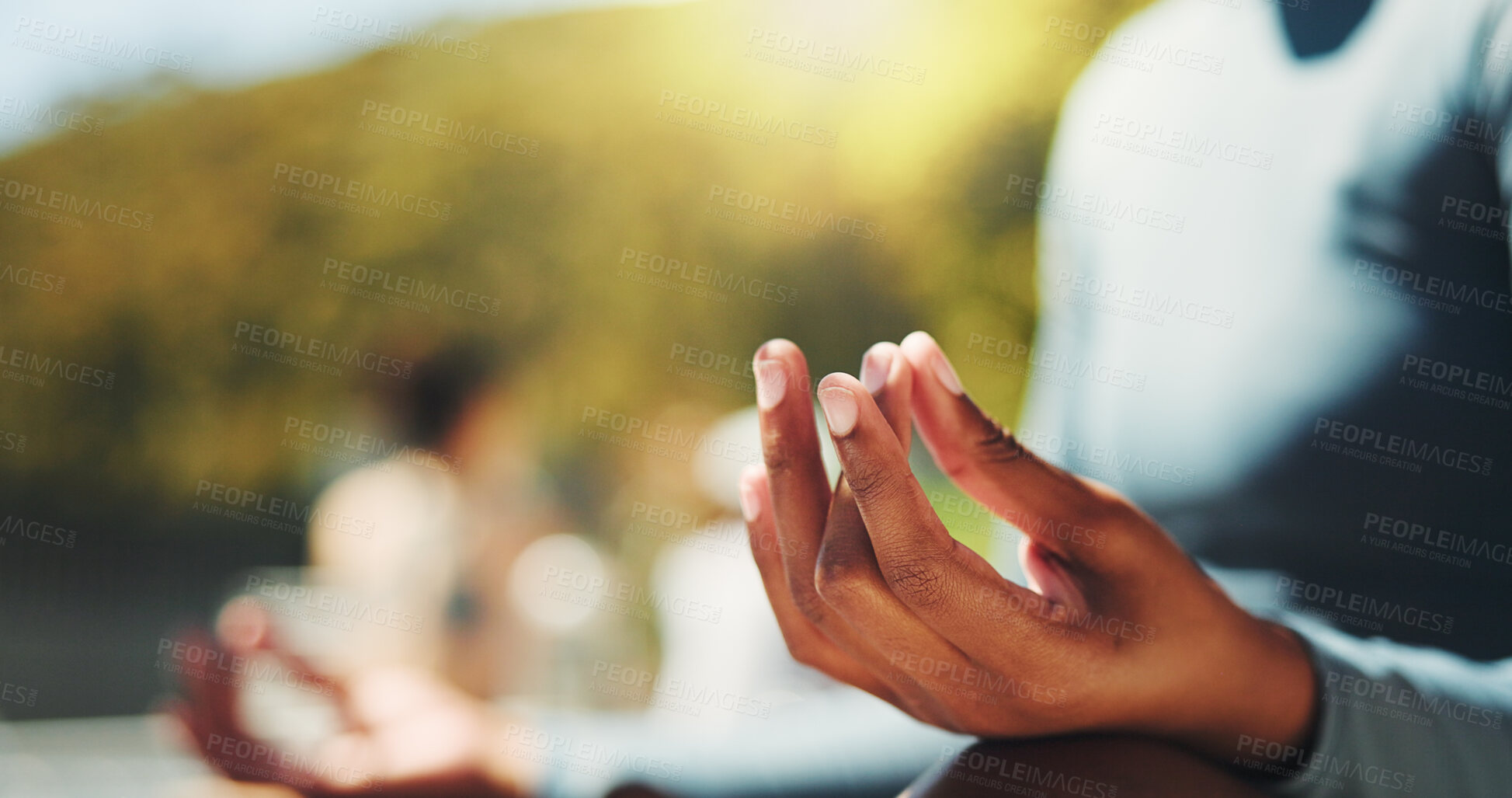 Buy stock photo Lotus, hands and meditation for mindfulness, yoga class and spiritual for self awareness and outdoor. Zen, person and retreat for inner peace, chakra or stress relief with faith at wellness center