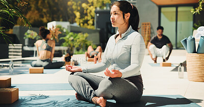 Buy stock photo Relax, lotus pose and woman at yoga class outdoor with break, calm or peace at wellness retreat. Zen, breathe and female person at meditation session for health, self care or balance with mindfulness