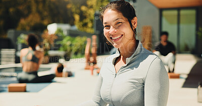 Buy stock photo Portrait, trainer and happy woman with outdoor yoga class at resort, health and body wellness practice. Join us, pilates session and instructor with smile for fitness, holistic exercise and retreat