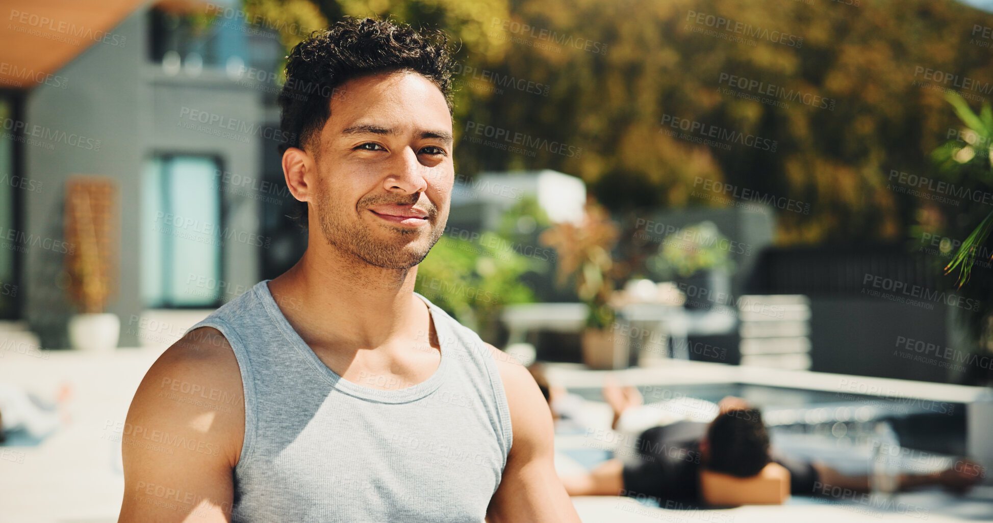 Buy stock photo Portrait, instructor or happy man with outdoor yoga class at resort, health or body wellness practice. Join us, pilates session or confident coach with smile for fitness, holistic exercise or retreat