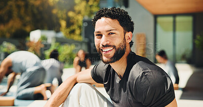 Buy stock photo Portrait, instructor or man smile for outdoor yoga class at resort, health or body wellness practice. Join us, pilates session or happy trainer with pride for fitness, holistic exercise or retreat