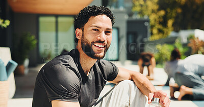 Buy stock photo Portrait, personal trainer and happy man with outdoor yoga class at resort, health and wellness practice. Join us, pilates session and instructor with smile for fitness, holistic exercise and retreat