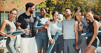 Buy stock photo Fitness, portrait or people in resort for yoga class, ready or physical activity in body wellness. Pilates, happy or team outdoor with equipment, preparation together or motivation for group session.