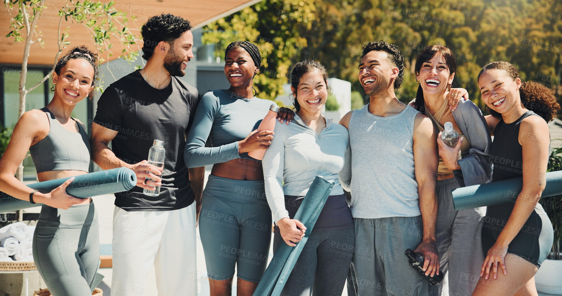 Buy stock photo Fitness, portrait or people in resort for yoga class, ready or physical activity in body wellness. Pilates, happy or team outdoor with equipment, preparation together or motivation for group session.