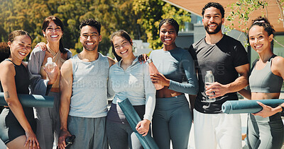 Buy stock photo Fitness, portrait or team in resort for yoga class, ready for physical activity in body wellness. Pilates, happy or people outdoor with equipment, preparation together or motivation for group session