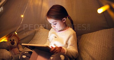 Buy stock photo Night, child and relax with tablet in bedroom for ebook, reading fantasy and bedtime story. Late, girl and scroll with digital tech in home for online fairytale, kids storytelling app and literature.