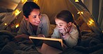 Night, mother or child with tablet in tent for bonding together, reading ebook or bedtime story. Happy, parent or daughter with tech in home for online fairytale, kids storytelling app or literature.