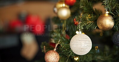 Buy stock photo Background, Christmas and festive with ball on tree in home for celebration, event or tradition. Decoration, holiday and wallpaper with bauble in apartment for aesthetic, vacation or winter season